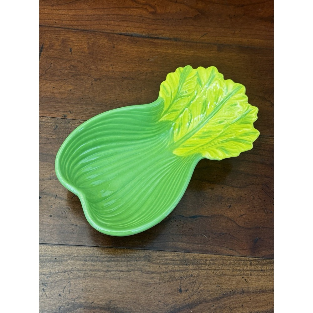 Vintage Artisan Hand Created Ceramic Vegetable Serving Dish Green Bok‎ Choy